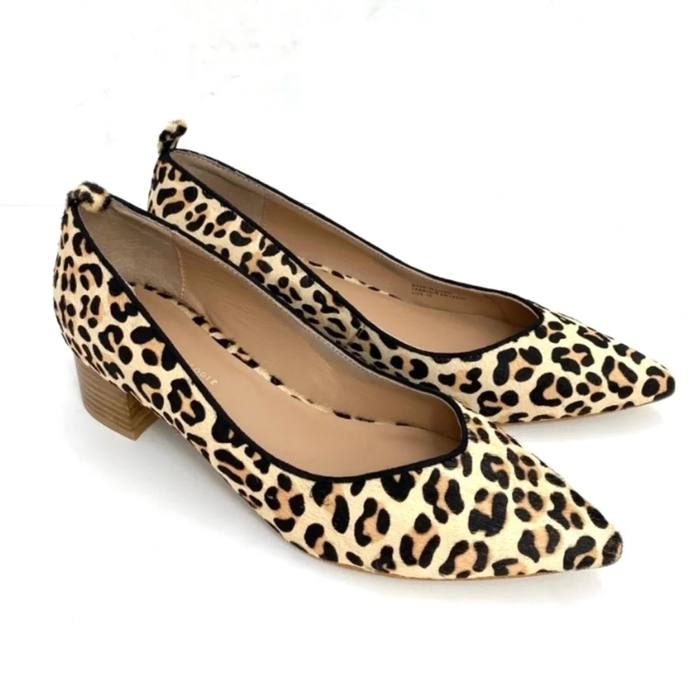 ANTHROPOLOGIE Beatriz Leopard Calfskin Pointed toe Block Heel Pumps in Beige